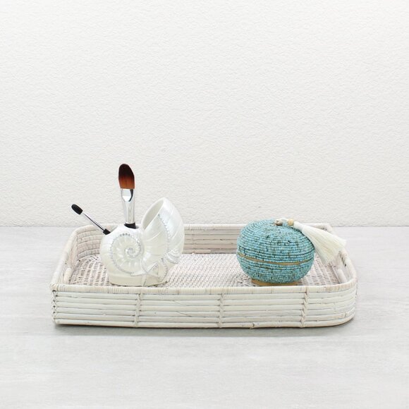 New Leaf Shaped Mixed Texture Rattan Tray with Handles- Whitewash